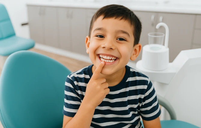 Smiling young boy showing his teeth during a dental checkup at a modern dental clinic