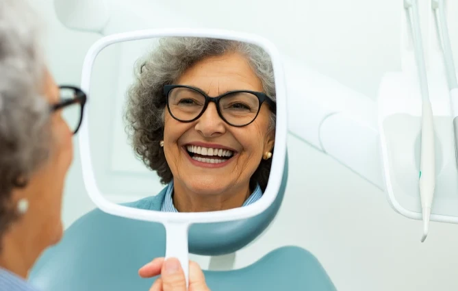 Happy senior woman admiring her bright smile in a dental mirror after treatment at a dental clinic